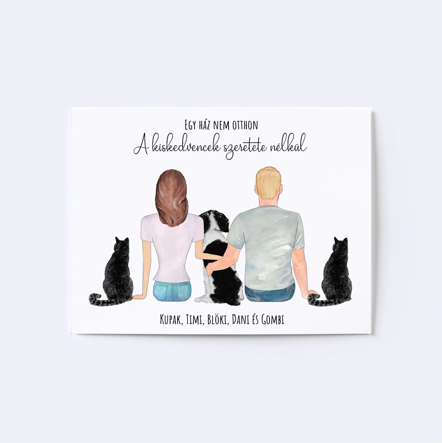 Szerelmes Pár És Három Kiskedvencük Egyedi Falikép - Idézettel