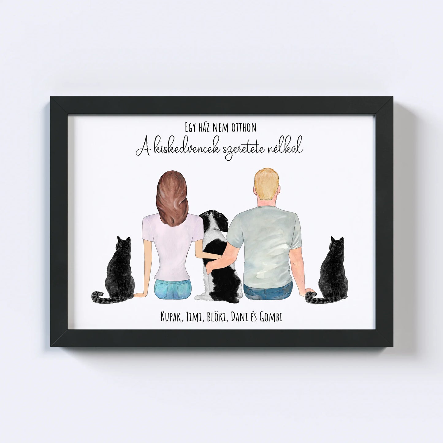 Szerelmes Pár És Három Kiskedvencük Egyedi Falikép - Idézettel