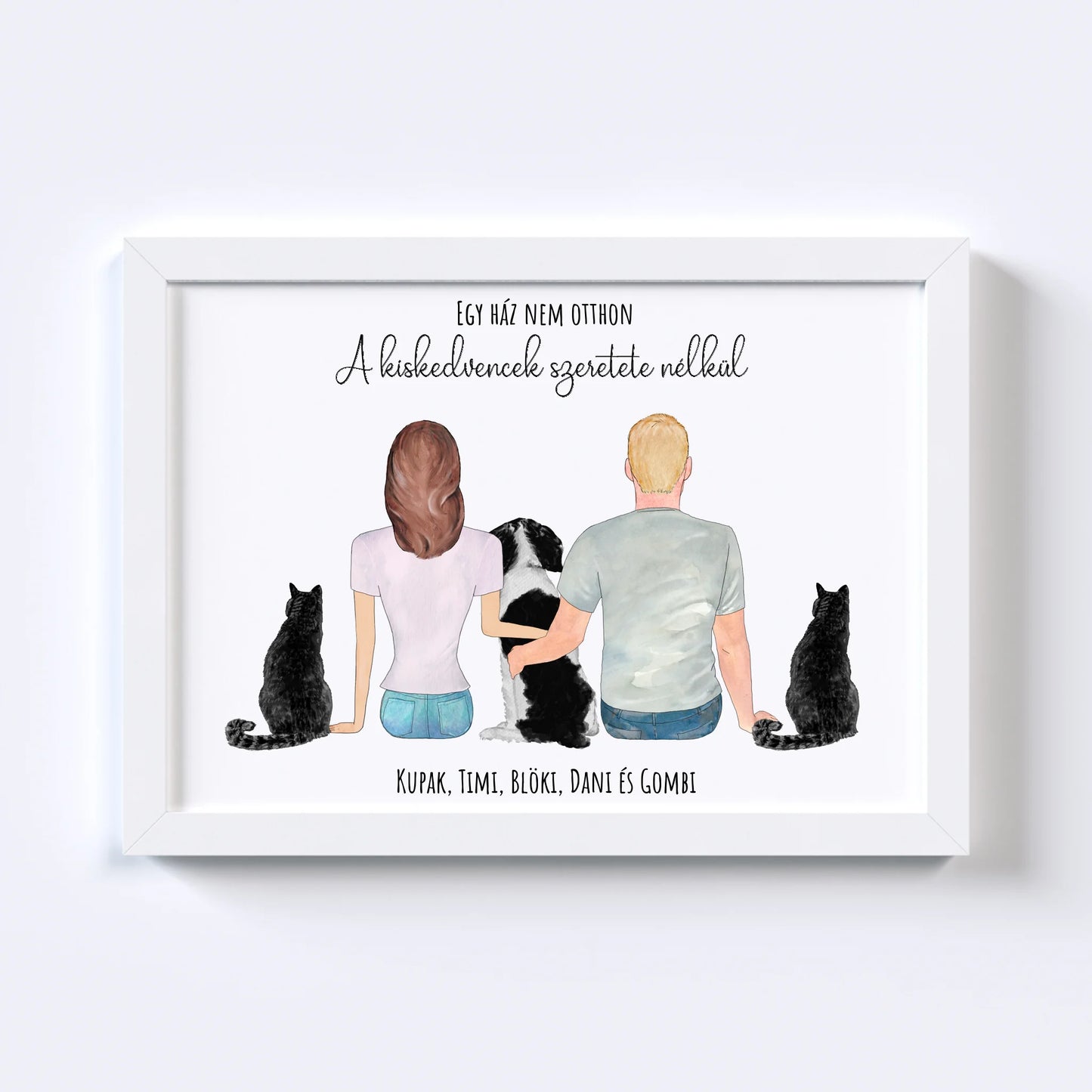 Szerelmes Pár És Három Kiskedvencük Egyedi Falikép - Idézettel