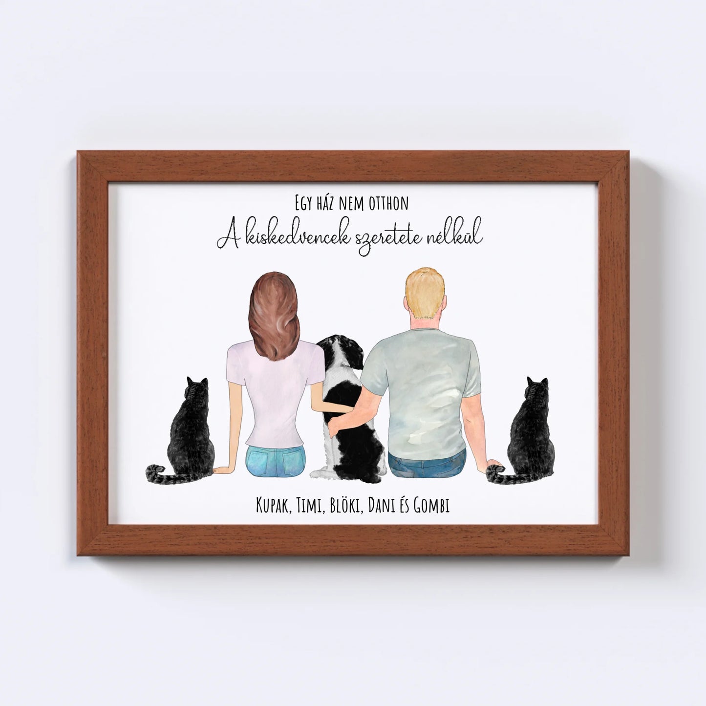 Szerelmes Pár És Három Kiskedvencük Egyedi Falikép - Idézettel