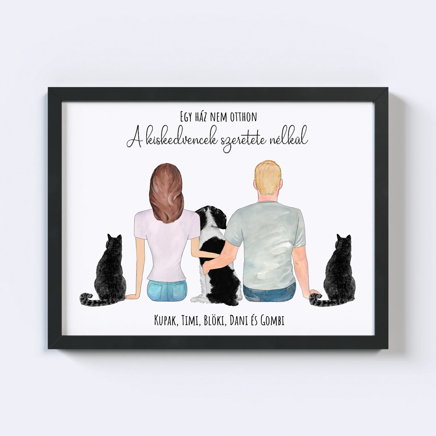 Szerelmes Pár És Három Kiskedvencük Egyedi Falikép - Idézettel