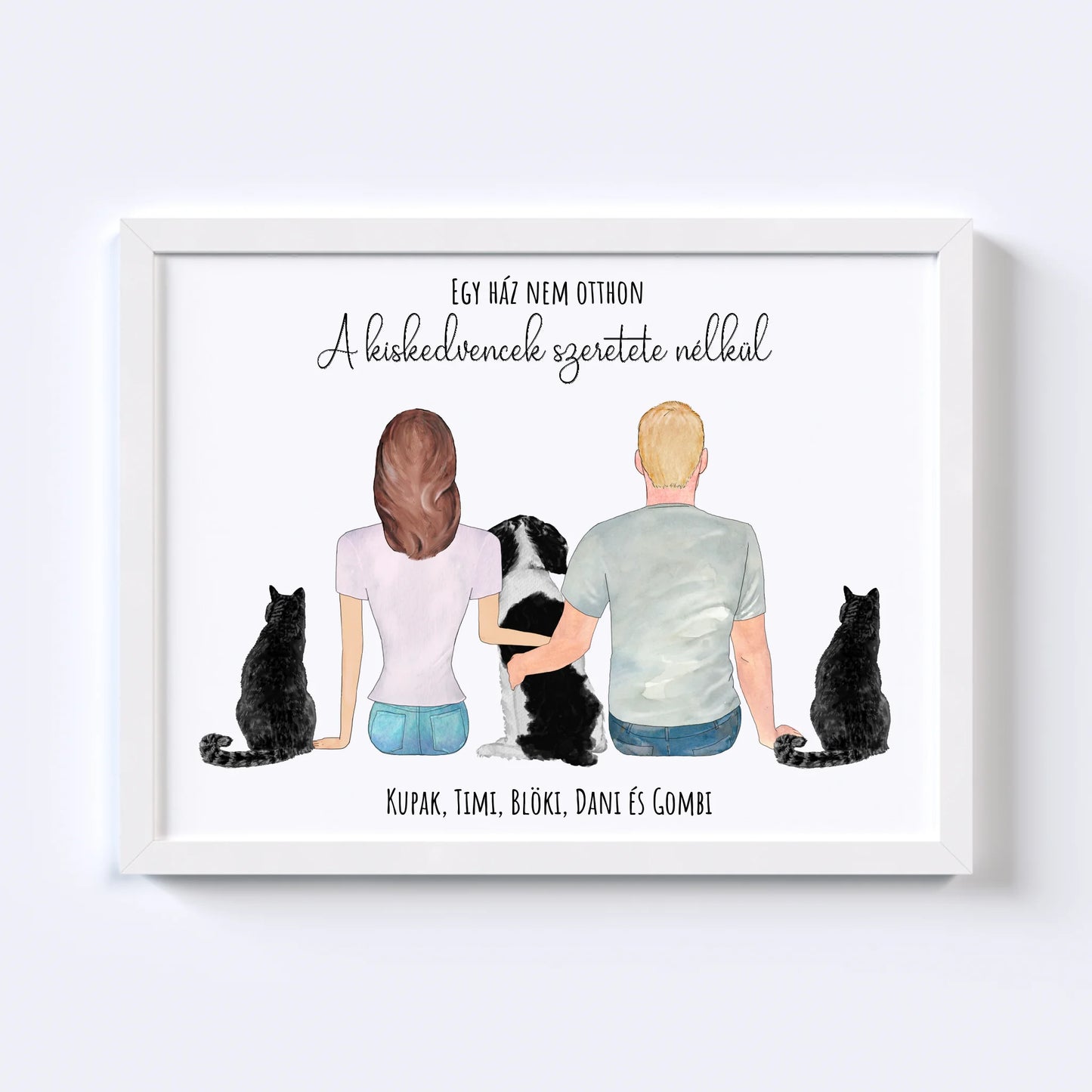 Szerelmes Pár És Három Kiskedvencük Egyedi Falikép - Idézettel