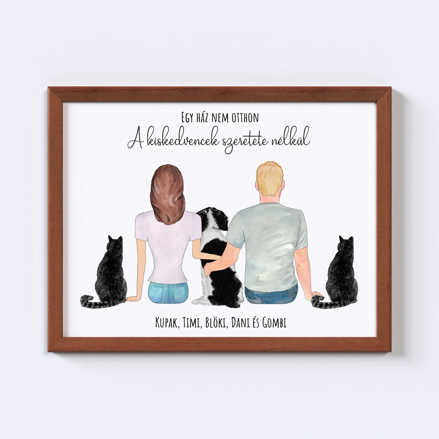 Szerelmes Pár És Három Kiskedvencük Egyedi Falikép - Idézettel