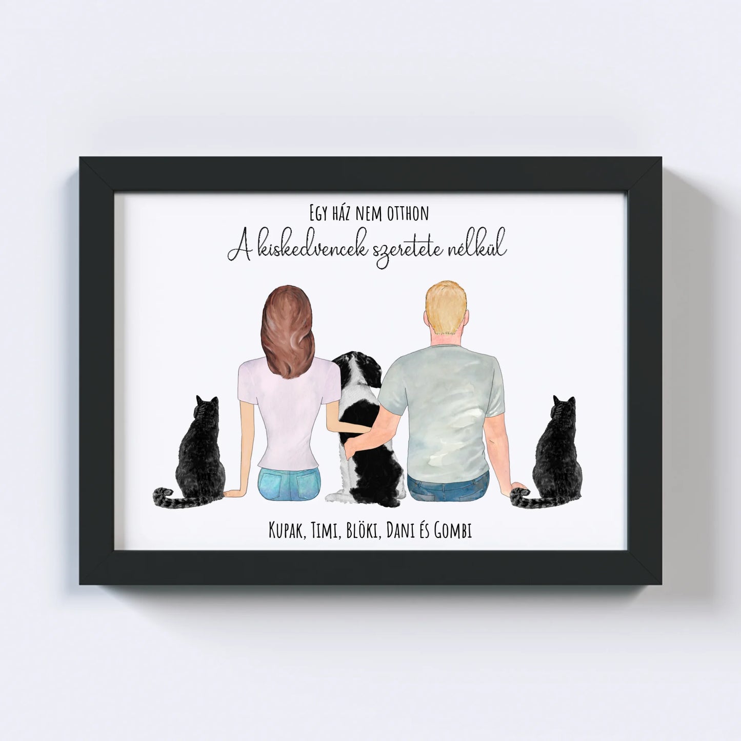 Szerelmes Pár És Három Kiskedvencük Egyedi Falikép - Idézettel