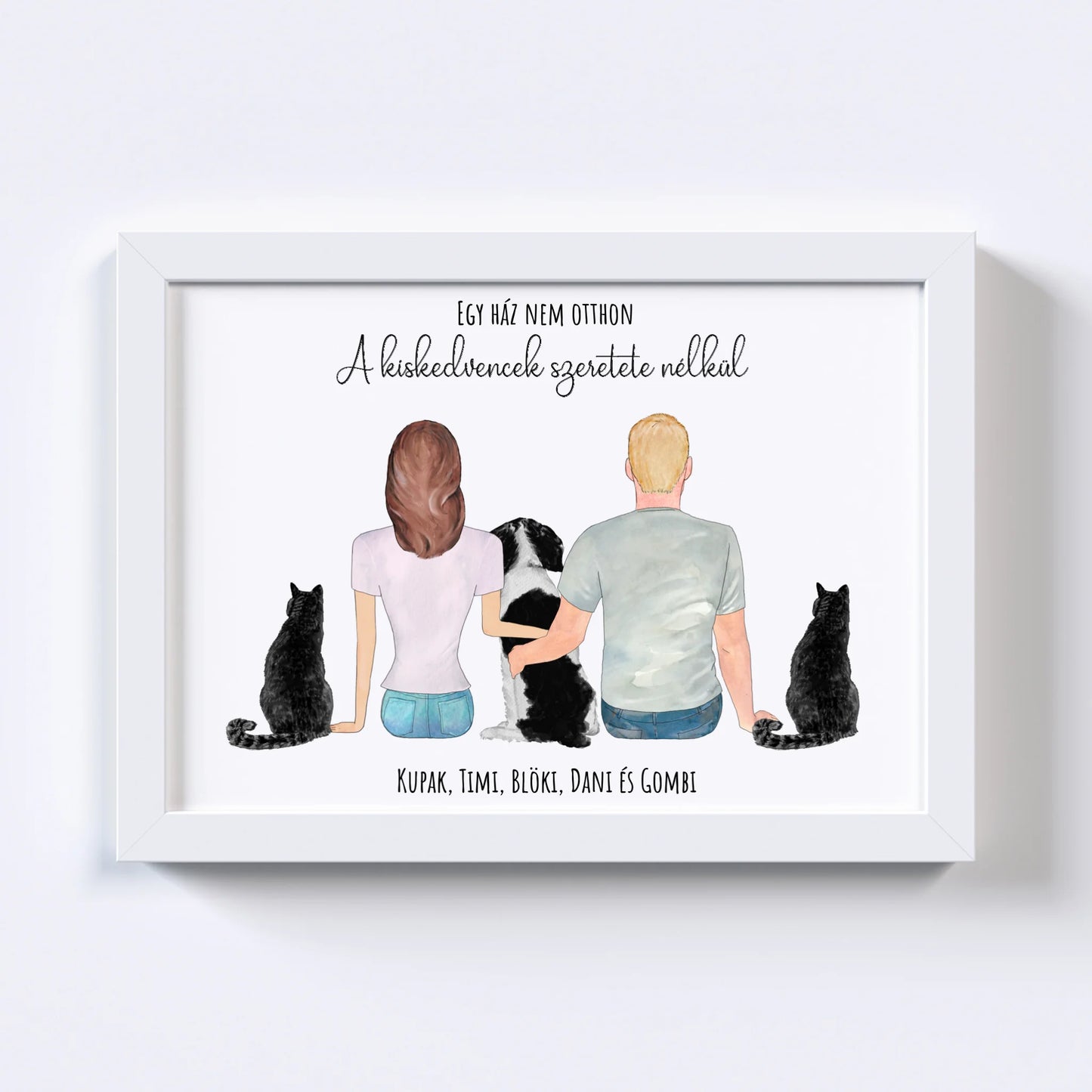 Szerelmes Pár És Három Kiskedvencük Egyedi Falikép - Idézettel