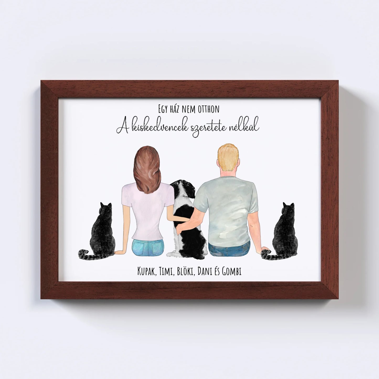 Szerelmes Pár És Három Kiskedvencük Egyedi Falikép - Idézettel