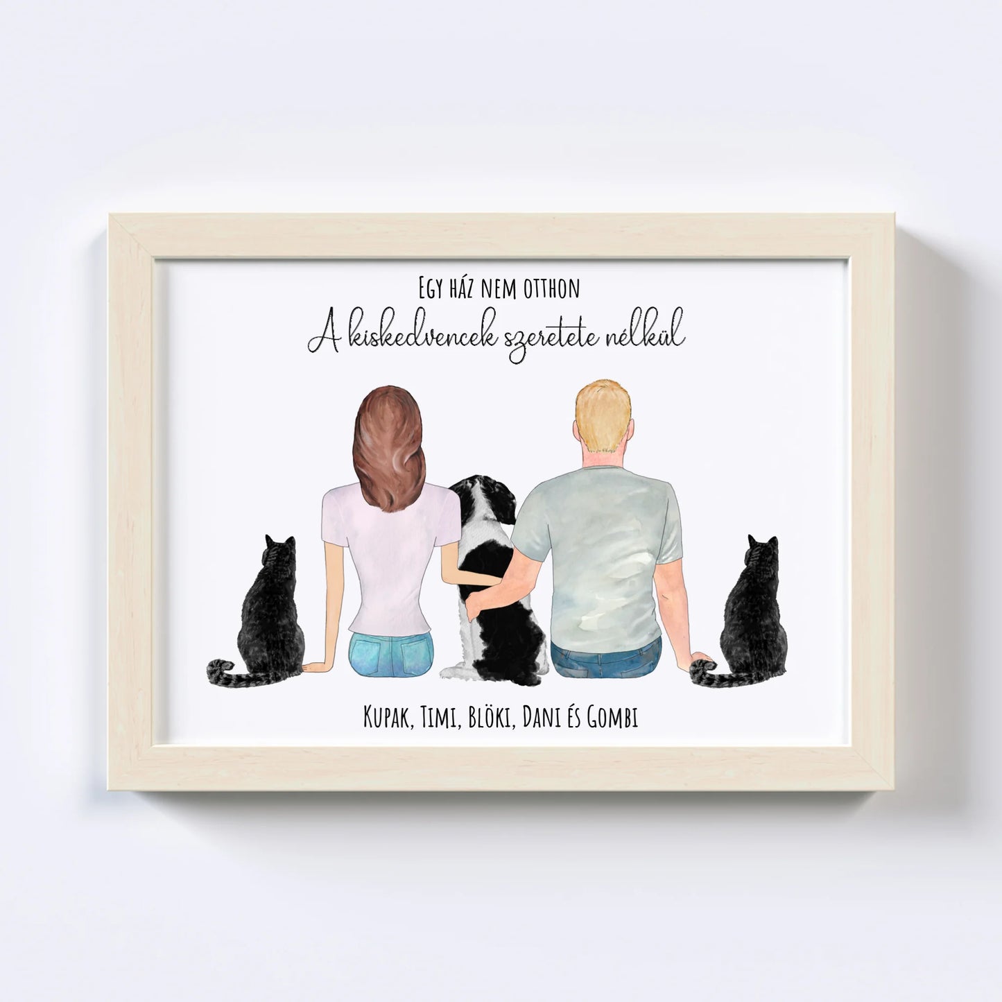 Szerelmes Pár És Három Kiskedvencük Egyedi Falikép - Idézettel