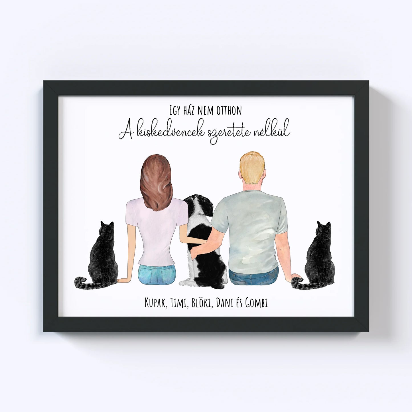 Szerelmes Pár És Három Kiskedvencük Egyedi Falikép - Idézettel