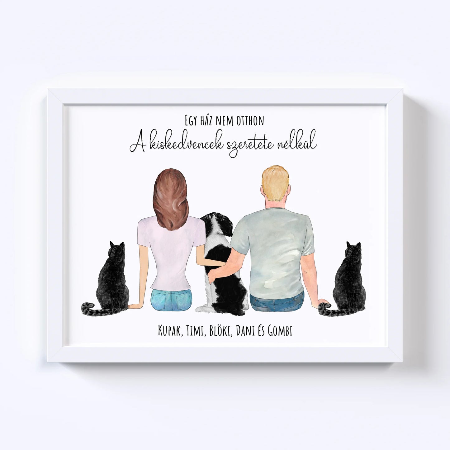 Szerelmes Pár És Három Kiskedvencük Egyedi Falikép - Idézettel