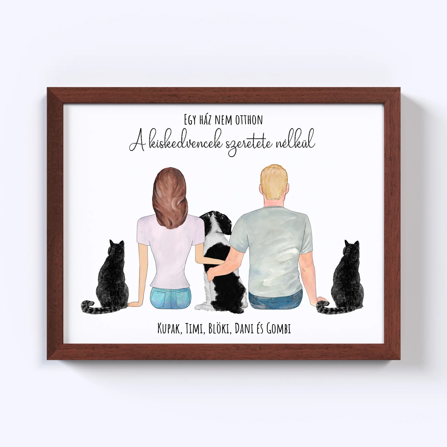 Szerelmes Pár És Három Kiskedvencük Egyedi Falikép - Idézettel