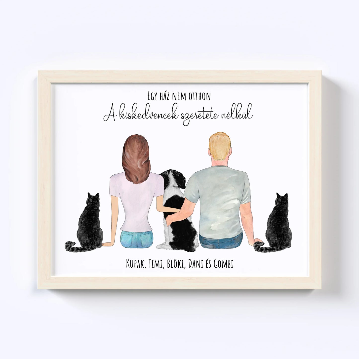 Szerelmes Pár És Három Kiskedvencük Egyedi Falikép - Idézettel